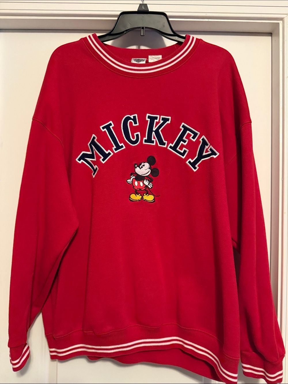 Disney Red Mickey Graphic Sweatshirt with Navy Lettering